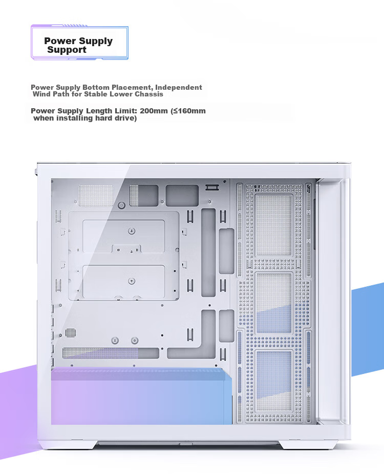 JONSBO D300 White MATX Case (Pillarless Curved Panoramic Design, 360mm Radiator Support, ATX PSU, 10 Fan Positions, Type-C Gen2 10Gbps+) 13