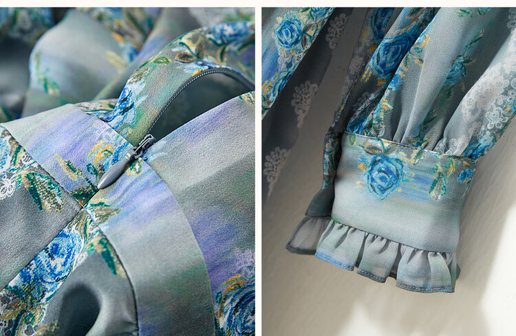 Dme [Huayao Crinkle Floral Print Dress], Spring And Autumn Stand-Collar Waist-Cinching Ruffle Trim Dress for Wome 9
