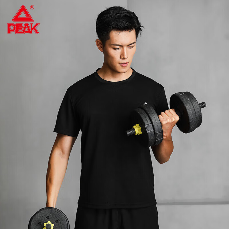 PEAK Badminton Outfit for Men, Sports Set, Quick-Drying, Sweat-Wicking, Breathable, Elastic Fitness Training Two-Piece Set, Black YS81306 (Short Sleeve + Shorts), Black, M