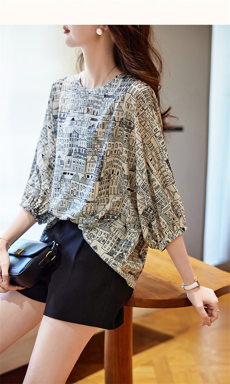 Dme [Wandering Cities] Summer Design Line Architecture Print Shirt, Smooth Composite Silk Floral Yao Blouse Women's Top 11