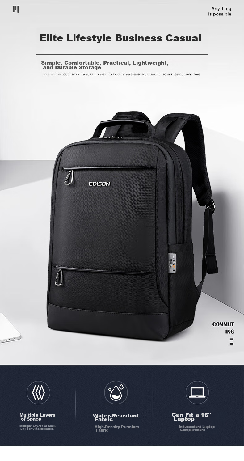 Edison Men's Backpack Business Commute Laptop Bag Large Capacity Water-Resistant Backpack E011-1 Black 1