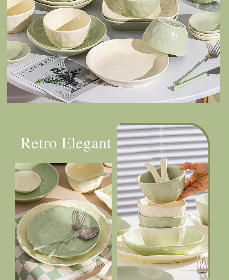 KANGMO New Home Fresh Cream-Style Ceramic Dinnerware Set, 18 Pieces, Cream Yellow And Milk Gree 2