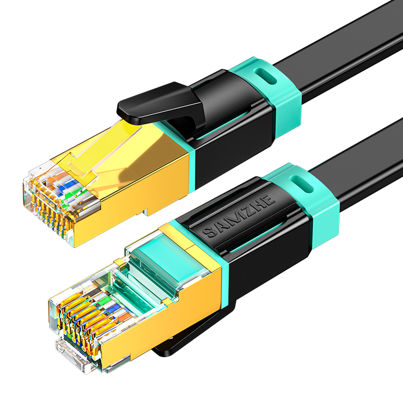 SAMZHE CAT8 10 Gigabit Ethernet Cable, E-Sports Grade Network Flat Patch Cord, Pure Copper Double-Shielded 8-Core Twisted Pair Computer Broadband Connection, Black, 0.5 Meter, BX8005H