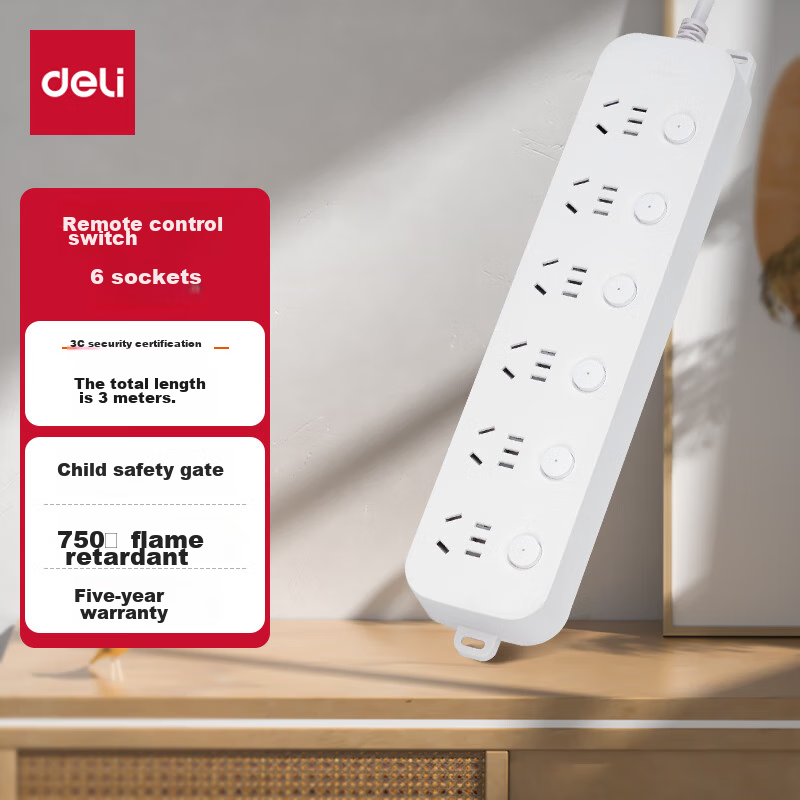 Deli Ya Bai Series National Standard Safe Power Strip/power Bar/power Board/power Extension Cord with Individual Switches And Protective Cover, 6 Outlets, 3 Meters, 33943(03)