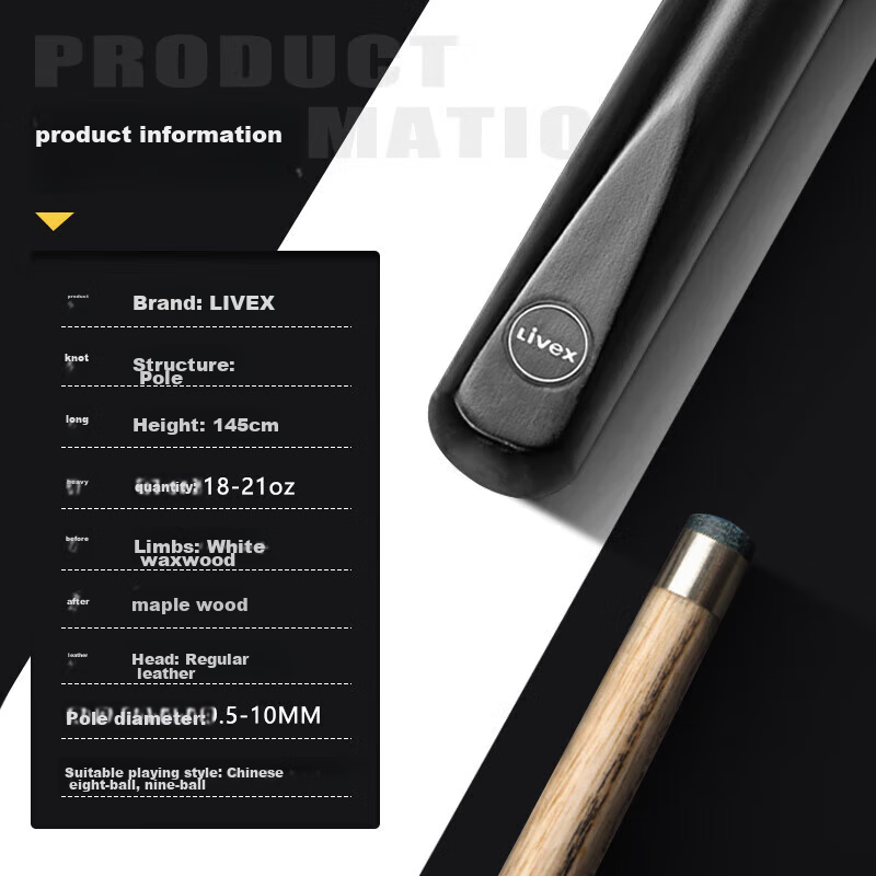 LIVEX Black Pool Cue, Chinese Eight-Ball Table Tennis Cue, Small Tip Snooker Cue, Chinese Eight-Ball Pool Cue