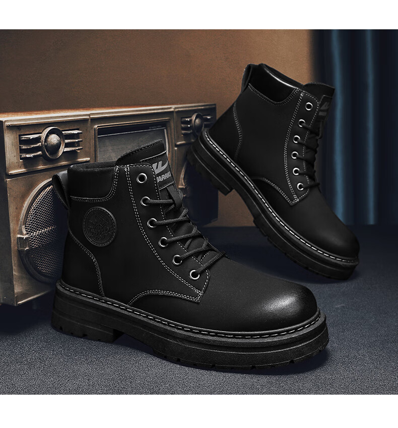 Huili Men's Shoes, 2025 Autumn And Winter New Style Men's Martin Boots, Workwear-Inspired Yellow Boots, High-Top Hiking Shoes, Black, Size 37 18
