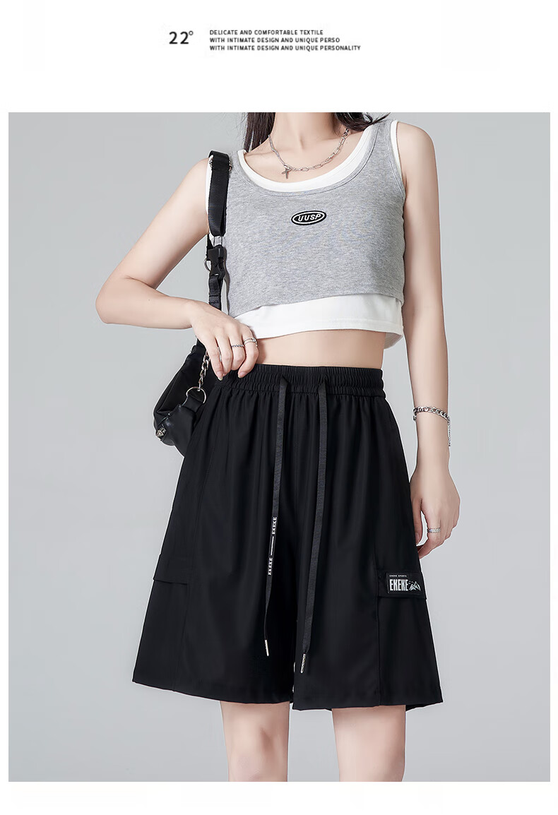 XUEXIMAN Women's Sports Shorts, Summer Lightweight Loose Straight-Leg Cargo Shorts, High-Waist Quick-Dry Wide-Leg Black Mid-Length Shorts 18