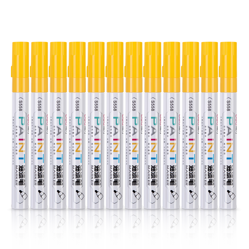 Deli 2.0mm Tire Repair Paint Marker Pen Highlighter Signing In Hand-Drawn Graffiti Qingming Tomb-Sweeping Stone Inscription Pen Waterproof 12 Pieces S558 Yellow
