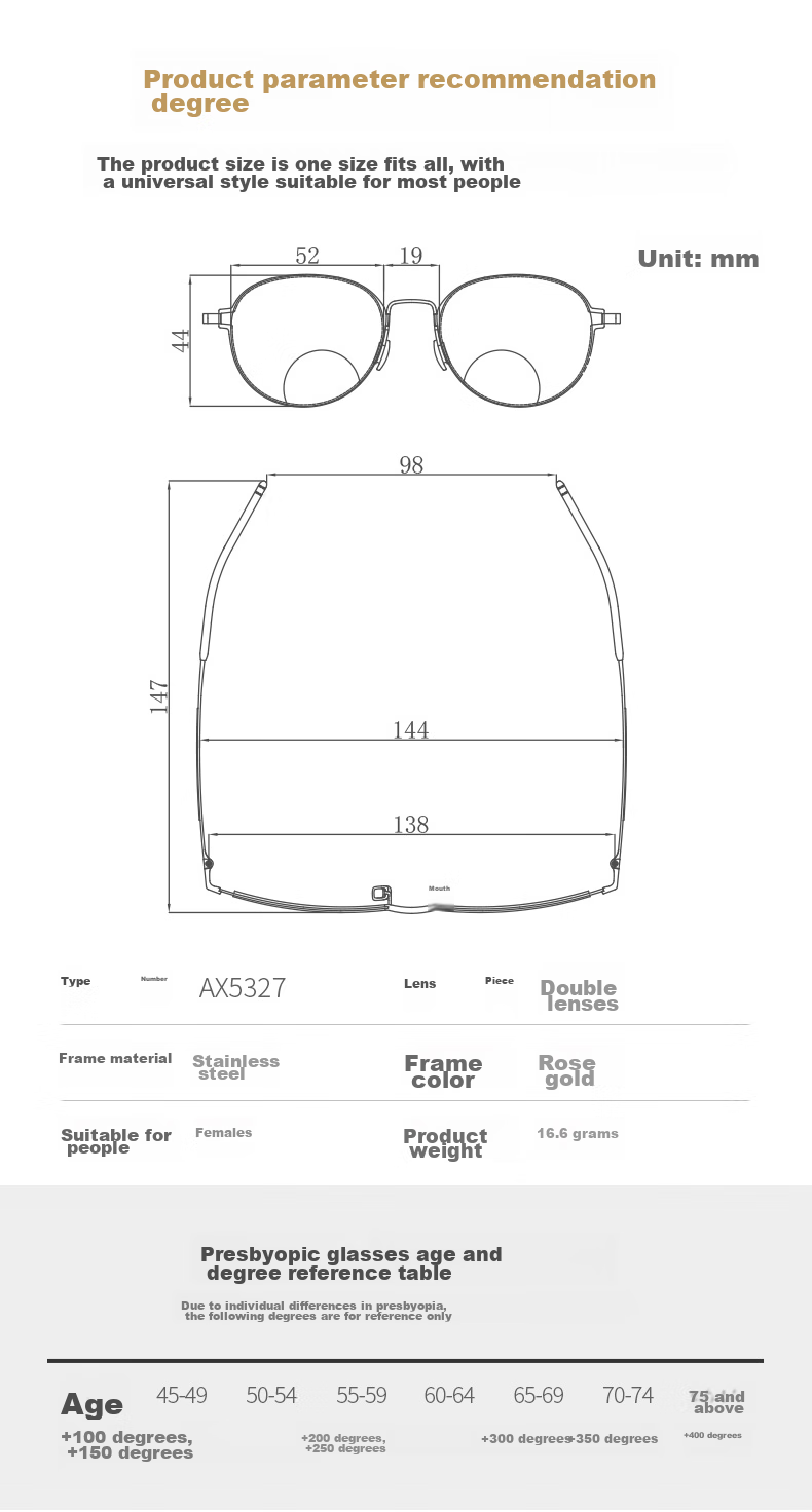 Xiyanghong Reading Glasses for Women, Bifocal Anti-Blue Light Fashionable Invisible Dual-Light High-Definition Presbyopic Glasses AX5327 250 Degrees 13