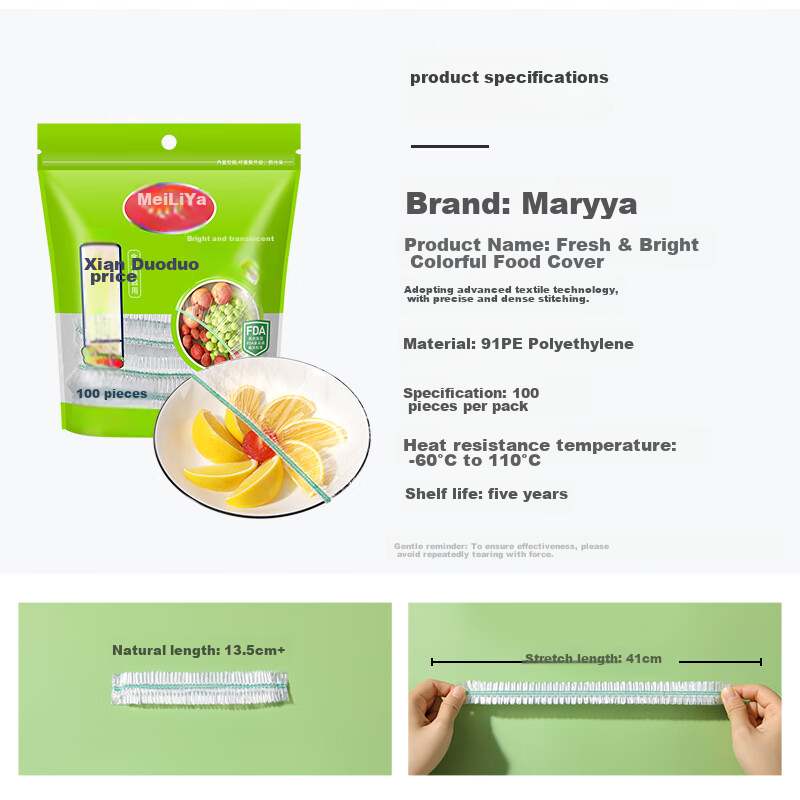 MARYYA Food-Grade Plastic Wrap, 100 Pieces, Disposable Food Covers, Kitchen Dust-Proof Bowl Covers for Leftovers
