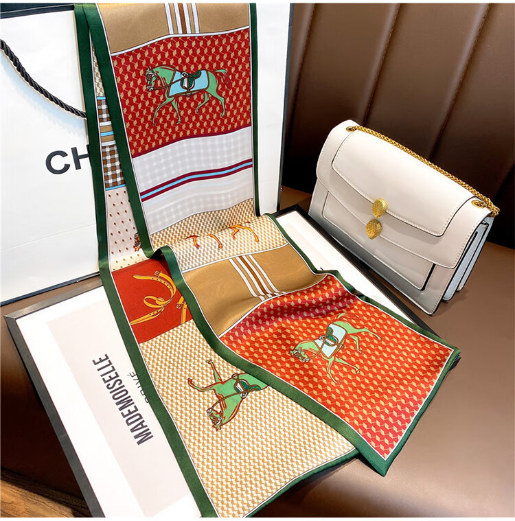 GLO-STORY Silk Scarf for Women, Mulberry Silk Versatile Double-Layer Fine Silk Narrow Small Scarf Long Flowing Ribbon Qixi Gift Box Set 29