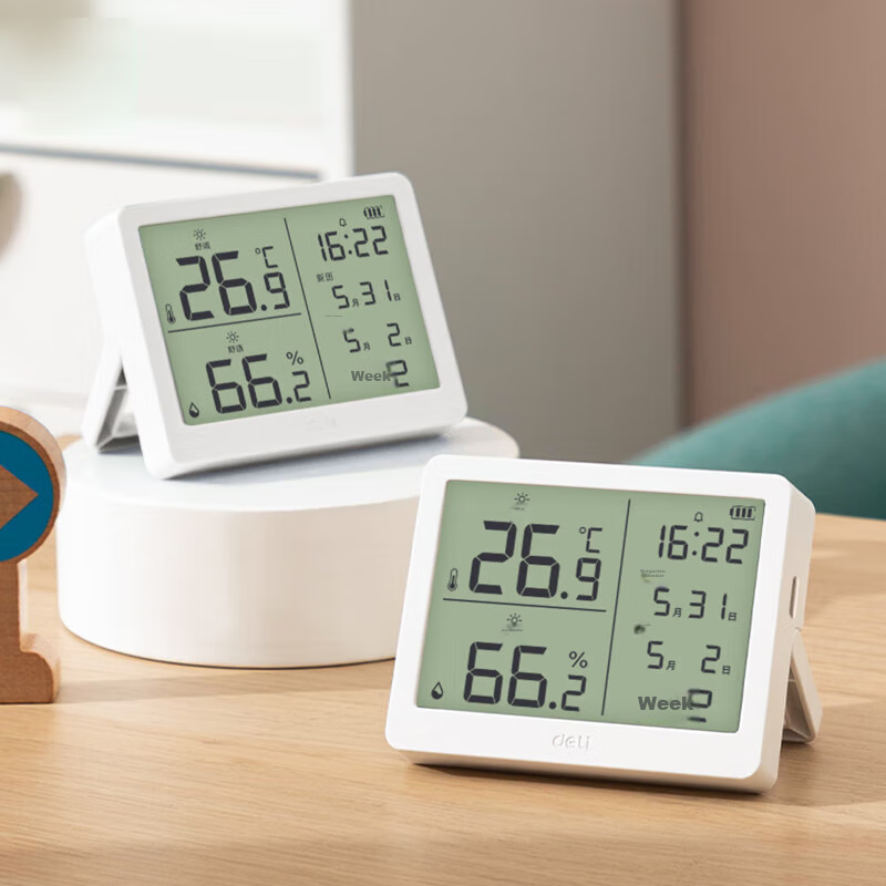 Deli Wide-Screen Multifunctional Electronic Thermometer And Hygrometer, Wall-Mounted Or Stand-Up Use, with Backlight Alarm, Rechargeable, White LE504-WH