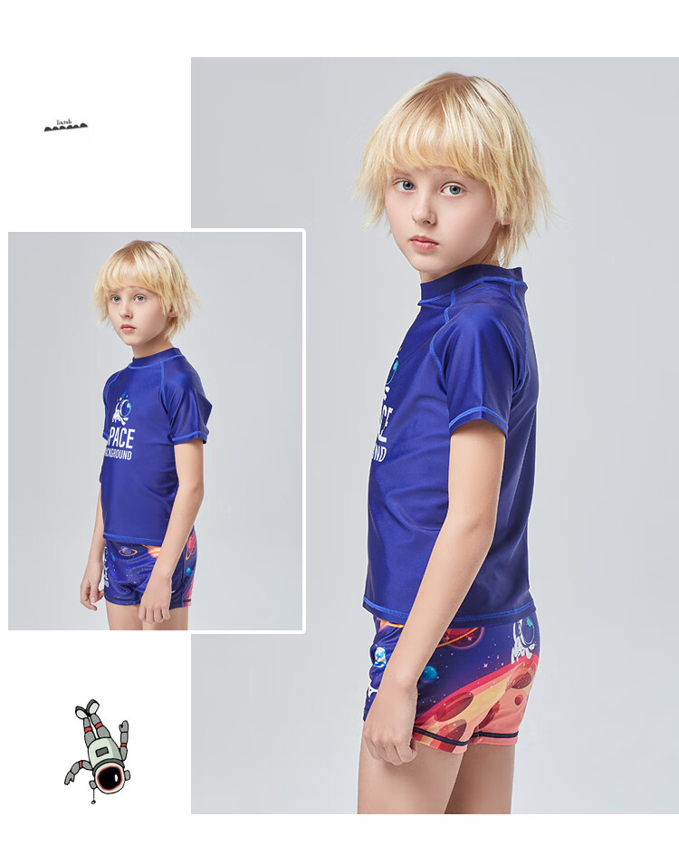 MIZUNO Children's Swimwear, Boys' Two-Piece Short-Sleeve Top And Shorts Set, Hot Spring Baby Quick-Dry Surfing Suit G1408 Blue 150 14