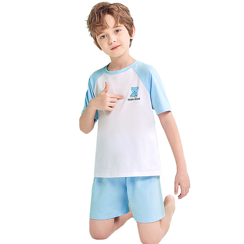 LangSha Children's Pajamas for Boys, Summer Thin Breathable Pure Cotton Home Wear, Middle School Students' Raglan Sleeve Short-Sleeve Set, Size 150