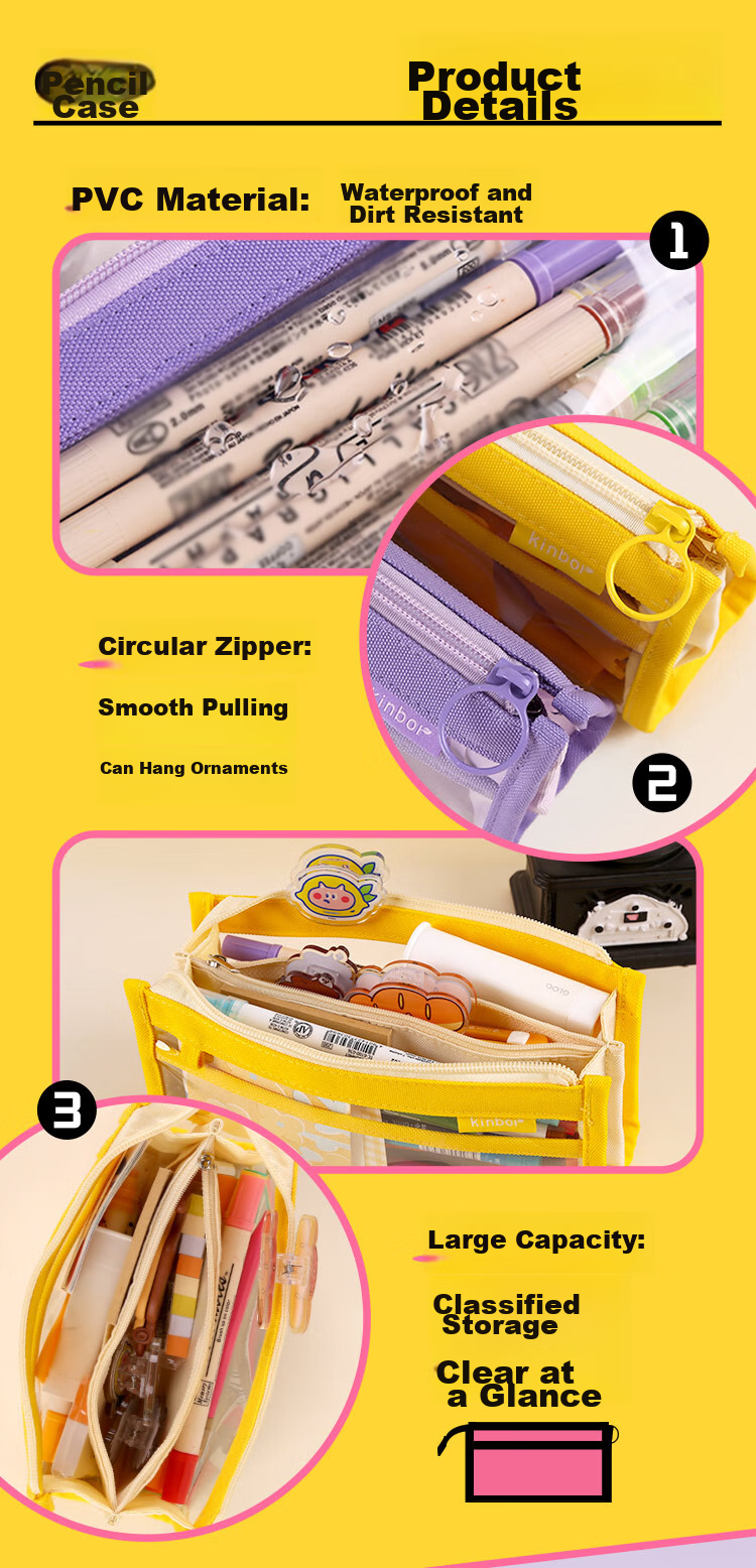 Kinbor Dopamine Colorful Large Capacity Transparent PVC Exam-Specific Pencil Case with Zipper, Multi-Layer Storage Stationery Box for Middle And High School Students, Purple DT55566 6
