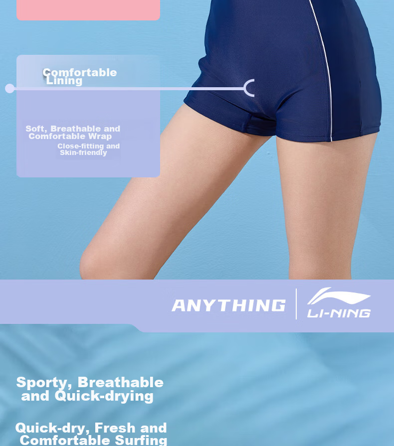 Li-Ning Women's Professional One-Piece Conservative Boyshort Swimsuit, Tummy-Covering Slimming Casual Training Hot Spring Swimwear, 473 Blue Purple 3XL 5
