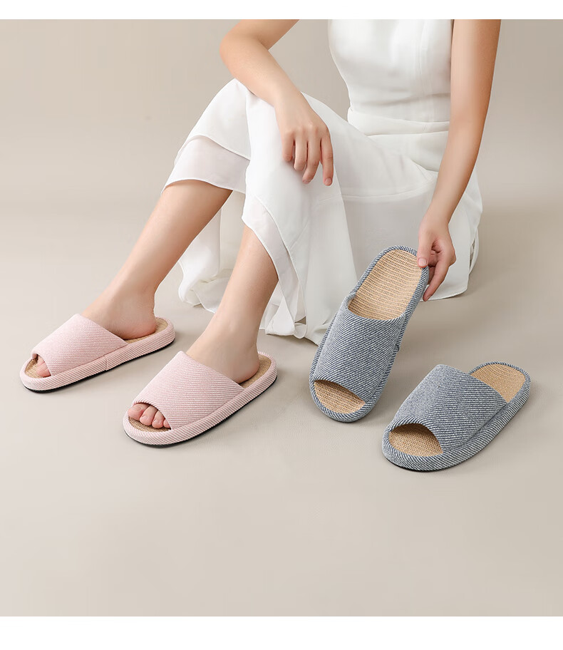GUOLUOFEI Japanese-Style Linen Slippers, Women's Indoor Home All-Season Cotton And Linen Thick-Soled Men's Sandals, Navy Blue, Size 36-37 11