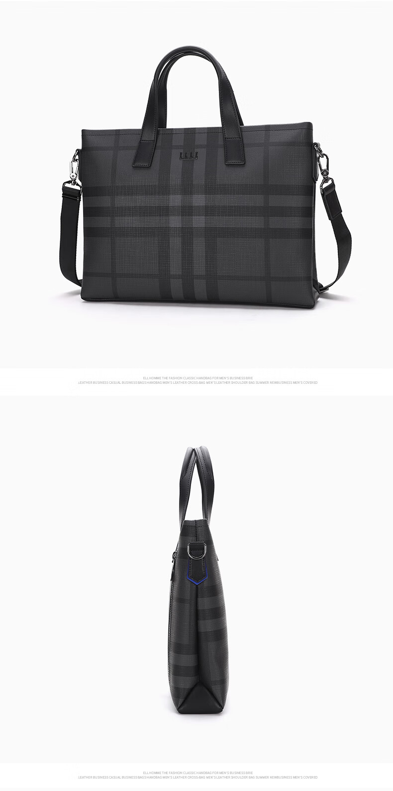 ELLE HOMME Men's Briefcase, Fashionable Striped Contrasting Color Handbag, Large Capacity PVC with Leather Shoulder Crossbody Bag, 14-Inch Laptop Bag EA188211211 Black And Gray 8