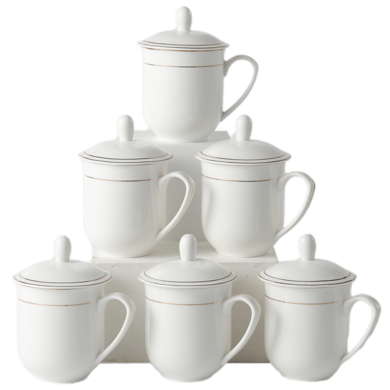 Jieyajie Ceramic Tea Cups with Lids (350ml), Ceramic Teacups, Set of 6, Noble Cups, Dishwasher Safe