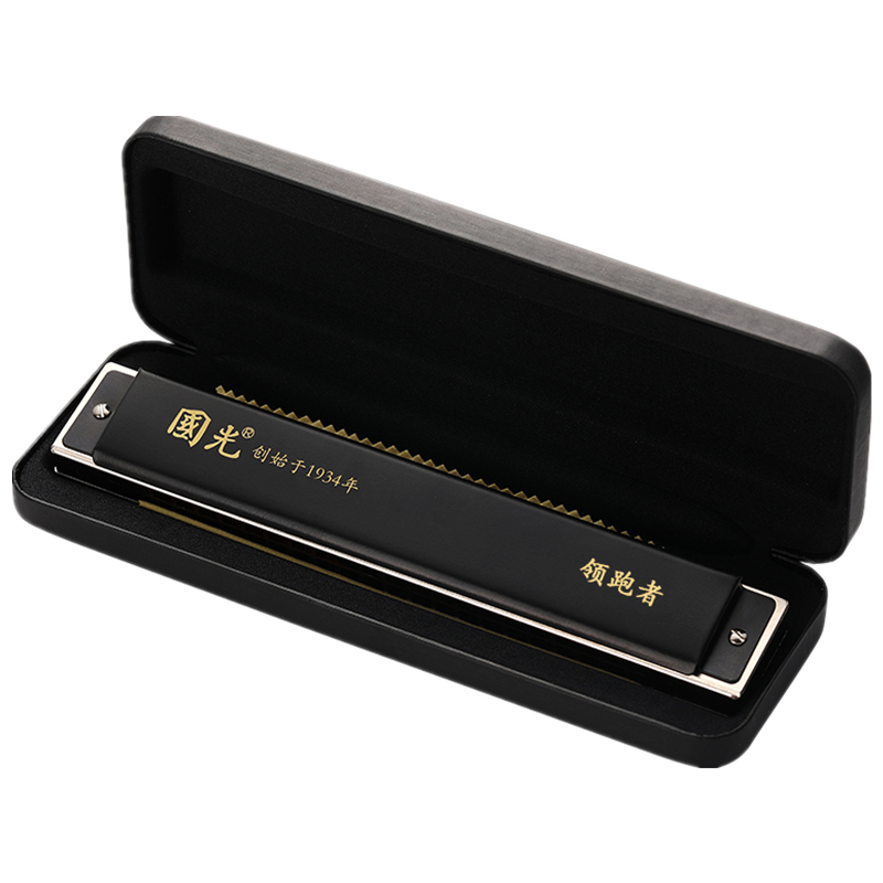 Guoguang 24-Hole Leader, Vibrato Sound, Brass Black Frosted Cover Plate Polyphonic C Key Harmonica Professional Performance, Imported Reeds