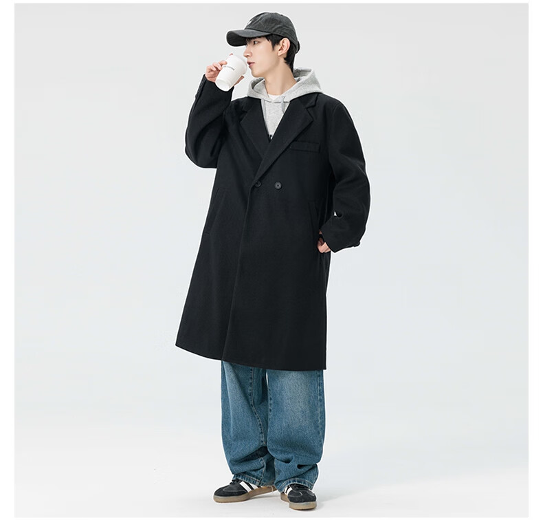 Dingfengbaoluo Men's Woolen Coat Autumn Winter Mid-Length Korean Style High-Quality Loose Over-the-Knee Wool Trench Coat HT88 Black 5XL 7