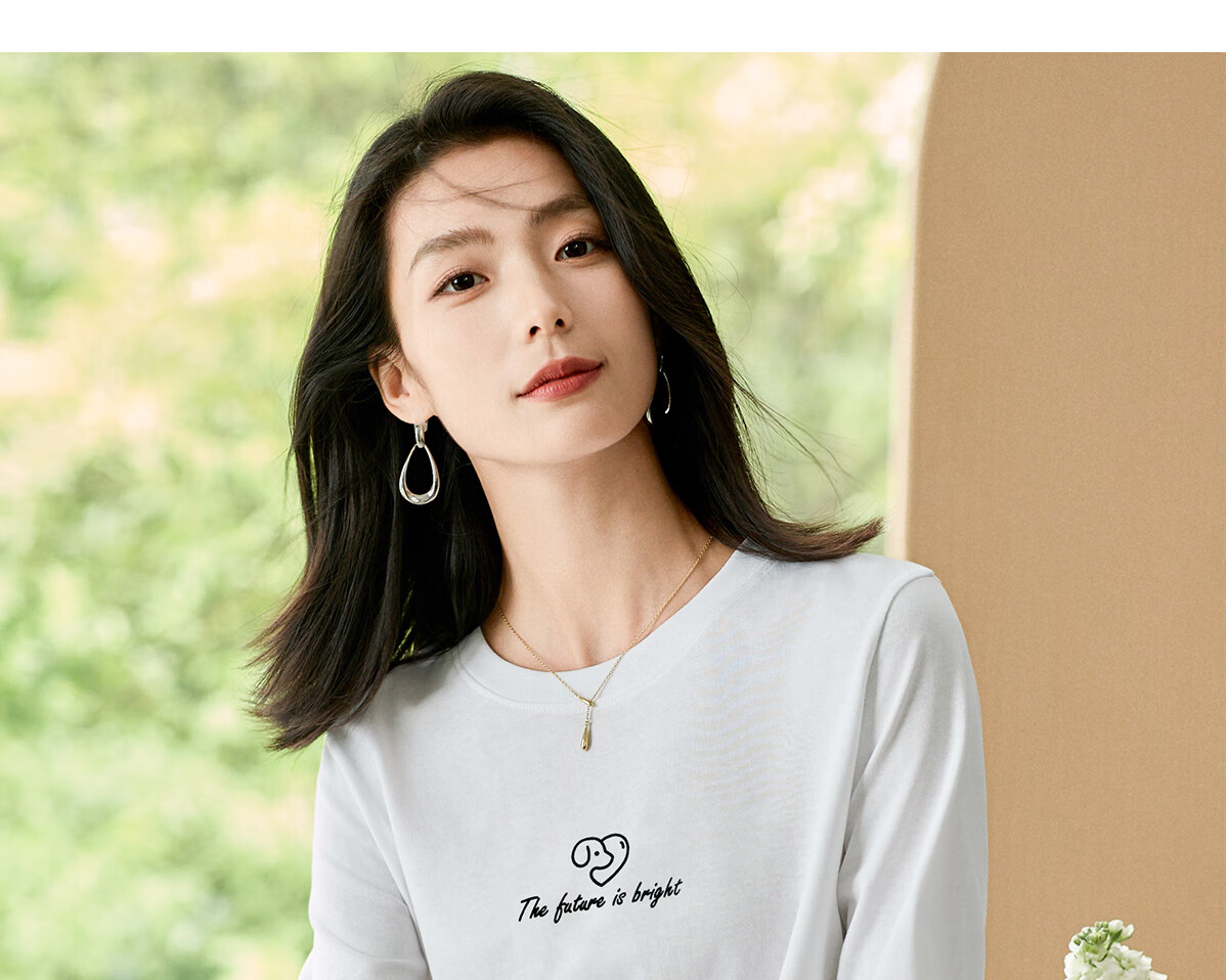 Chushen Women's Spring and Autumn Long Sleeve T-Shirt Pure Cotton Basic Loose Letter Print Crew Neck Top S143T2013 21