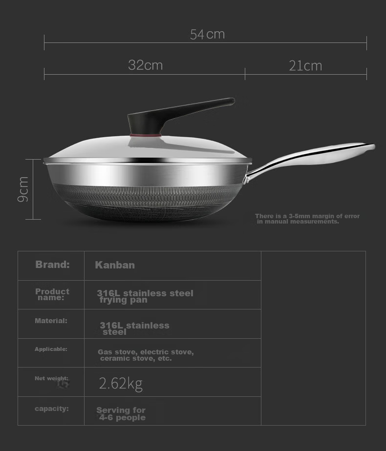 KBH Wok Pan, 316L Stainless Steel Non-Stick Pan, Low Smoke, 32cm Double-Sided Pattern Flagship Model 16