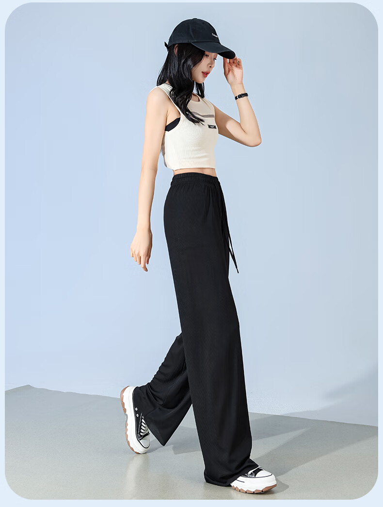 FitonTon Ice Silk Wide-Leg Pants for Women, Summer Lightweight High-Waist Draping Trousers, Loose Straight Casual Floor-Length Pants, Black, Size S 20
