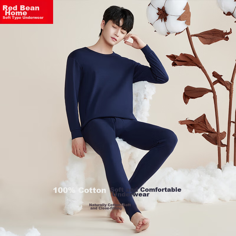 Hodohome Men's Pure Cotton Underwear Autumn Thermal Top And Bottom Round Neck Basic Base Layer Warm Set, Men's Navy Blue, 185/110