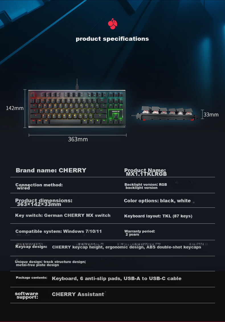 CHERRY MX1.1 Black Obsidian Aurora Mechanical Keyboard, 87 Keys, Gaming Keyboard, Wired Keyboard, Floating Design without Steel Structure, RGB Lighting Effects, Black Red Switches 14