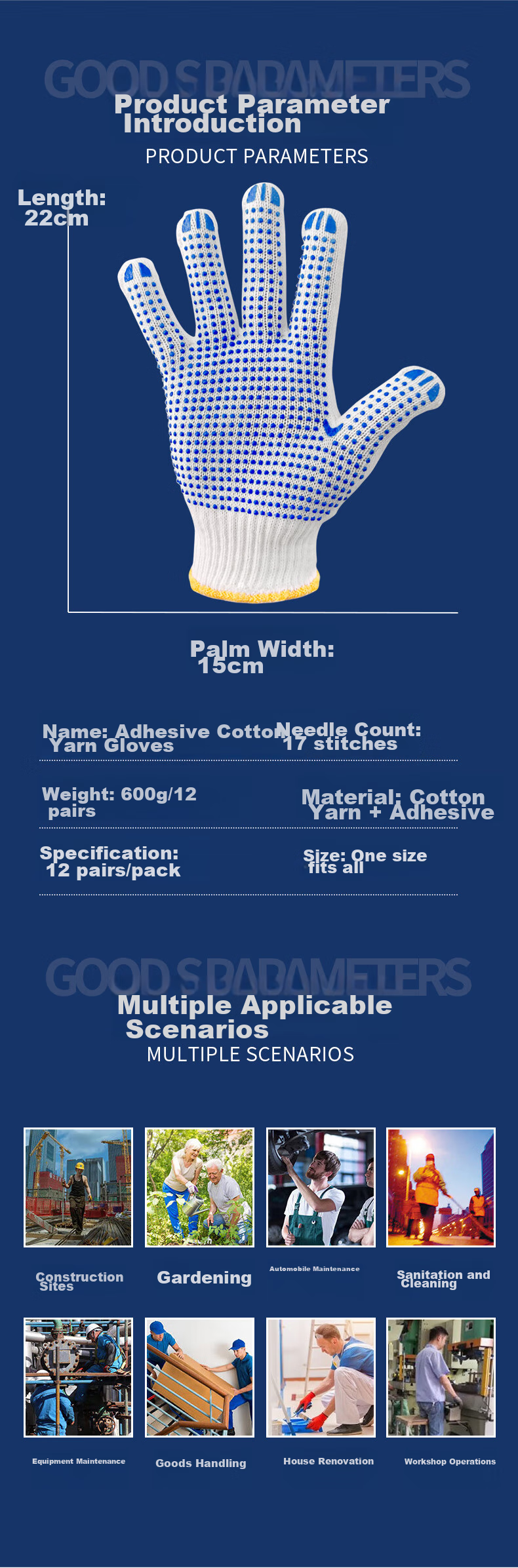 Shengfang Labor Protection Gloves, Dotted Gloves, Coated Anti-Slip Wear-Resistant Thread Gloves, Factory Construction Work Gloves, 600 Grams, Blue Dotted, 24 Pairs 2