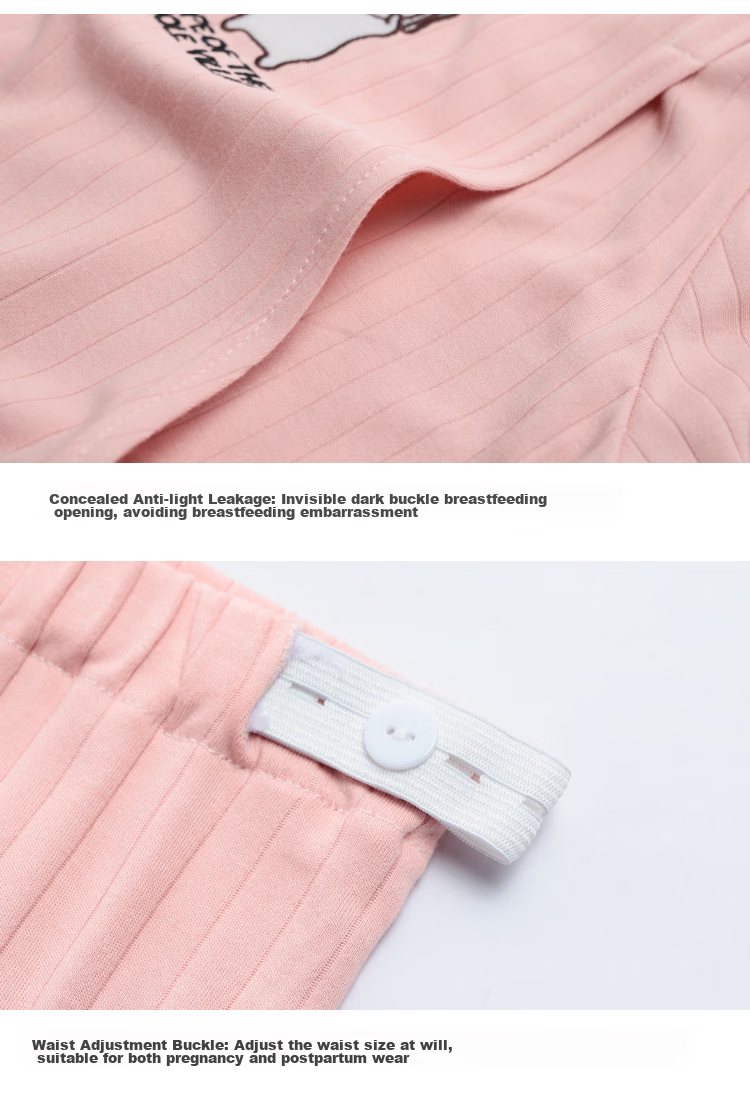NuoYI Maternity Wear, Pure Cotton Nursing Clothes, Postpartum Loungewear, Pajamas J38158, Striped Pink, Size L 18