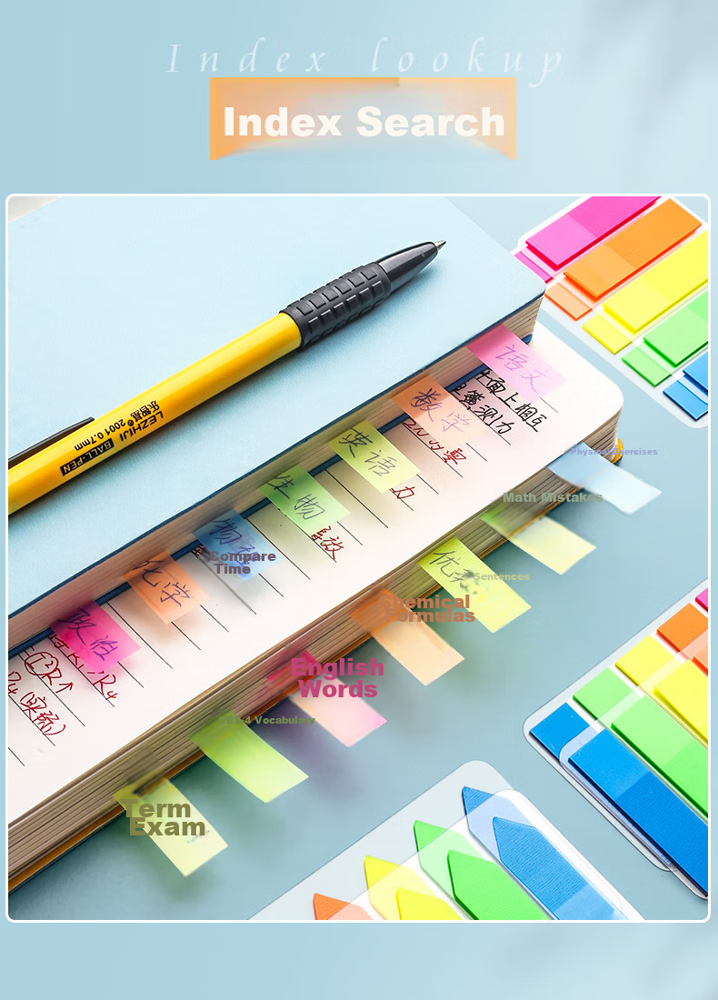 Jinzhi 600 Sheets Arrow-Shaped 5-Color Fluorescent Film Sticky Notes, Memo Pads, Labels, Transparent Waterproof Colored Note Index Strips, Indicator Labels, Bookmarks, 45*12mm 7