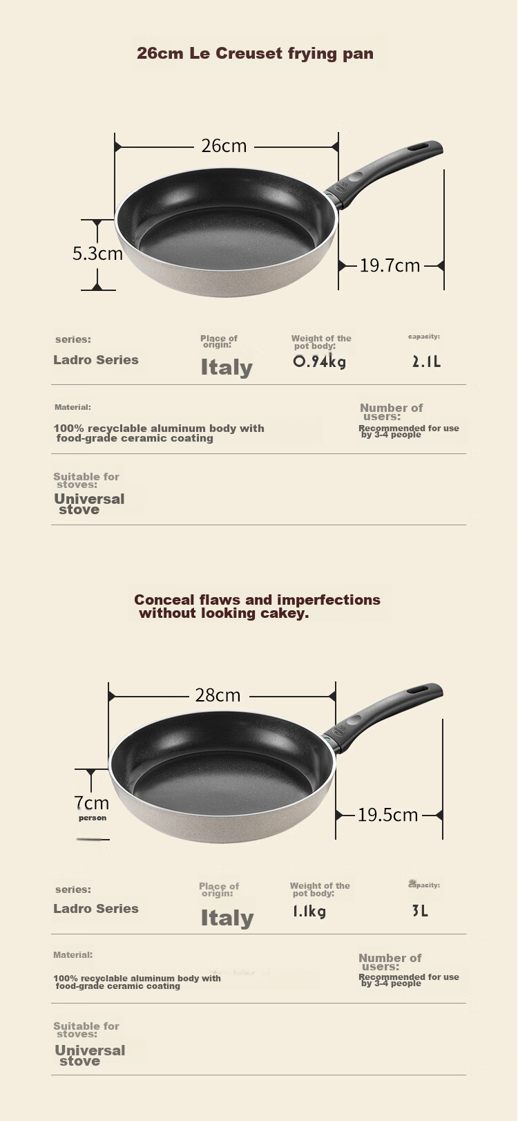 BALLARINI [Imported] Non-Stick Pan with Titanium Ceramic Coating, Flat Bottom Pan, Zero Fluorine, Induction Cooker Compatible, Stir-Fry Pan, 26CM, Laidro 14