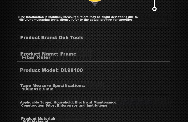 Deli Frame Fiber Ruler, Handheld Measuring Tape, Engineering Measuring Ruler, Leather Tape Measure, 100m X 12.5mm 12