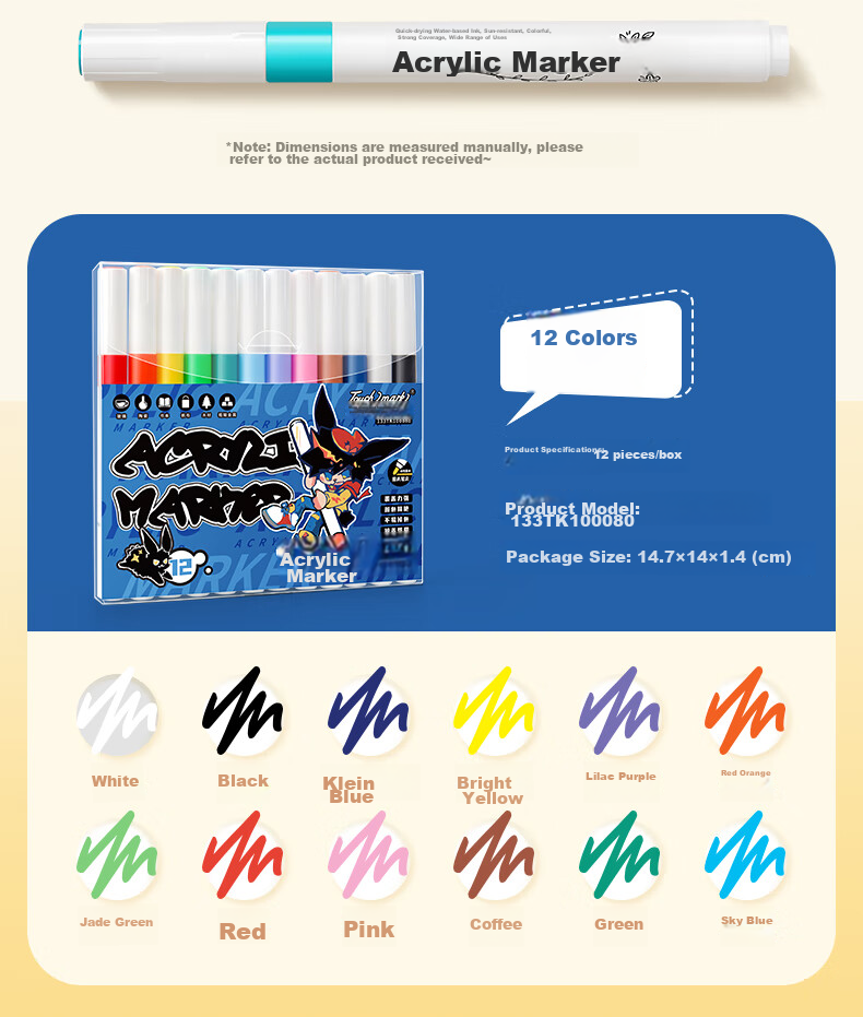 Touch Mark Acrylic Markers, 12 Colors, Water-Based Paint Pens, No-Press Waterproof Quick-Drying Graffiti Acrylic Paint Brushes, Drawing Tools for Students And Children, Birthday Gift, Art Education Painting Brushes 20
