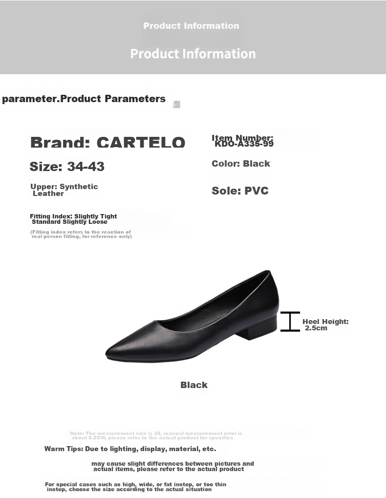 CARTELO Women's Leather Shoes, Pointed Toe Work Shoes, Low Heel Commuter Flats, KDO-A335 Black, Size 34 3