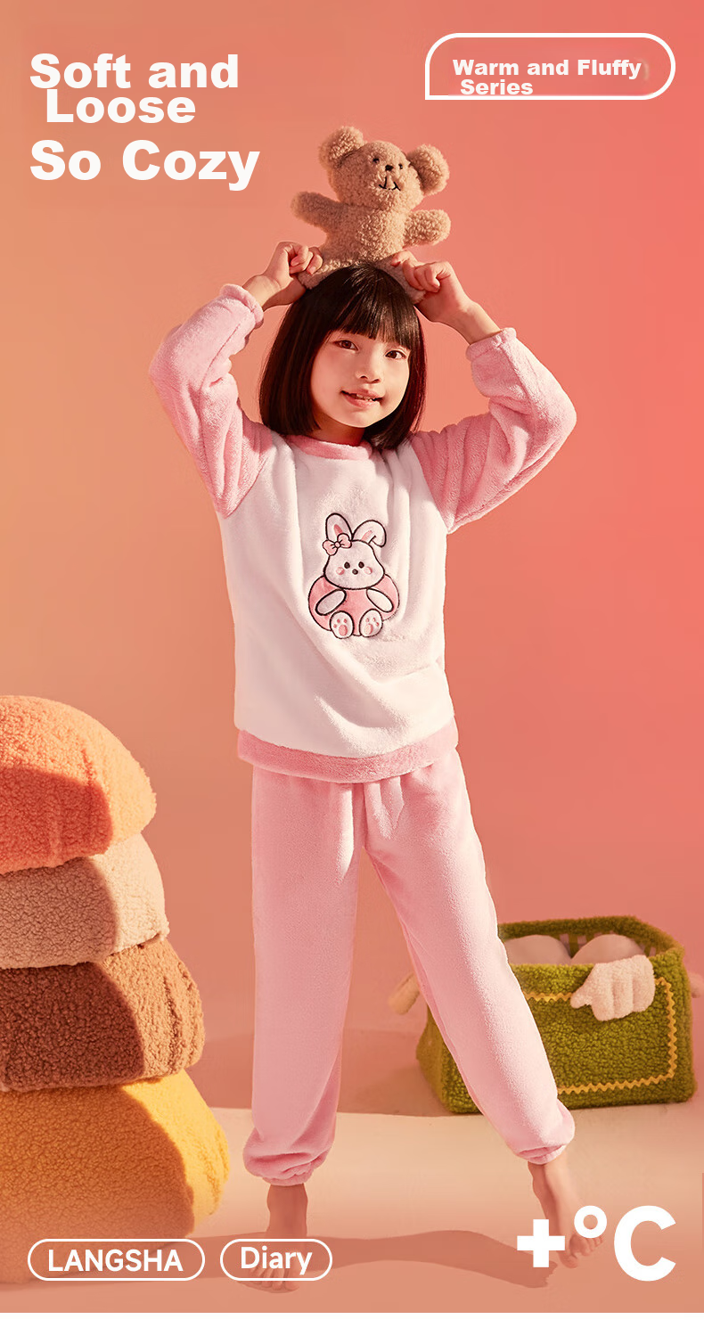 LangSha Children's Pajamas, Boys' Autumn And Winter Round Neck Fleece-Lined Thickened Double-Sided Flannel, Girls' Home Wear, Warm Set, Size 150 1