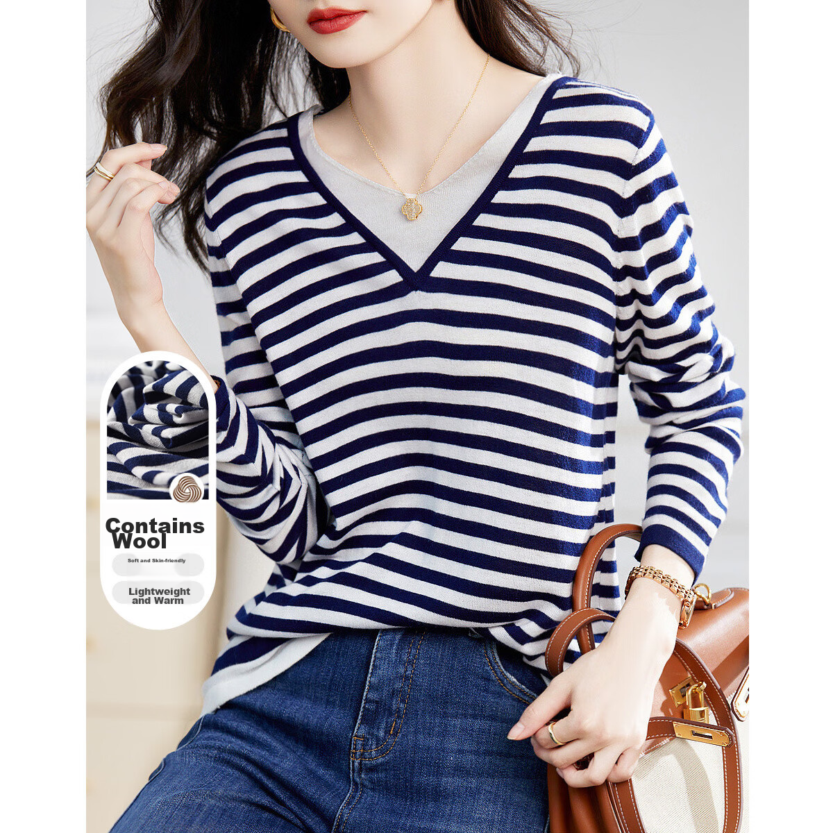 Dme [Color-Block Casual Knit Sweater] Spring And Autumn Commuter V-Neck Loose Long-Sleeve Sweater for Wome