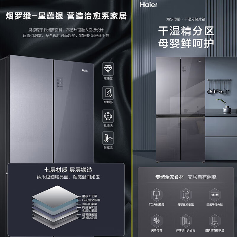 海尔（Haier）470升十字对开门冰箱双变频风冷无霜 母婴干湿分储 三档变温BCD-470WGHTD5DS1