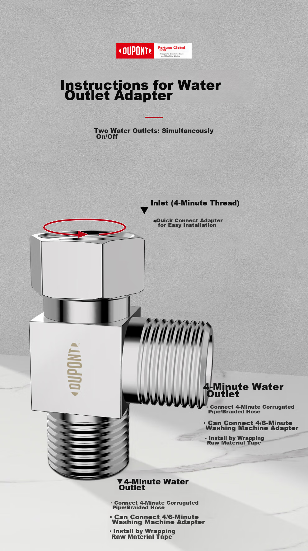 DU PONT DU PONT Three-Way Connector, Thickened One-In Toilet Accessory, 1/2 Inch Union Joint, Copper Material Angle Valve Water Distributor 4