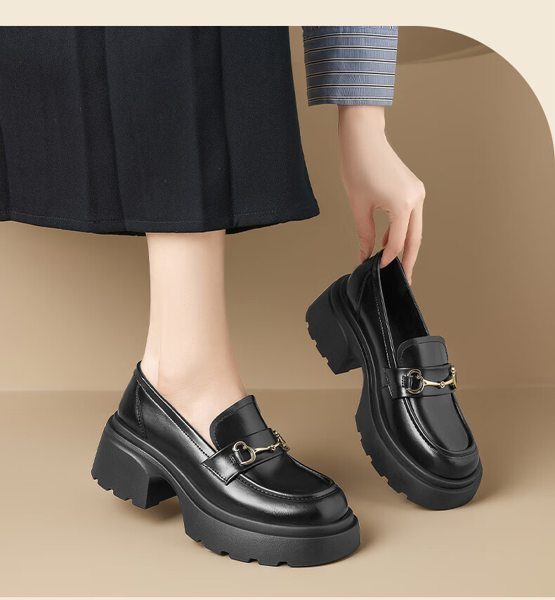 ZHR Women's Loafers, Classic British Style Flats, Comfortable Thick-Soled Leather Shoes, Slip-On Women's Shoes, AH555, Black, Size 36 14