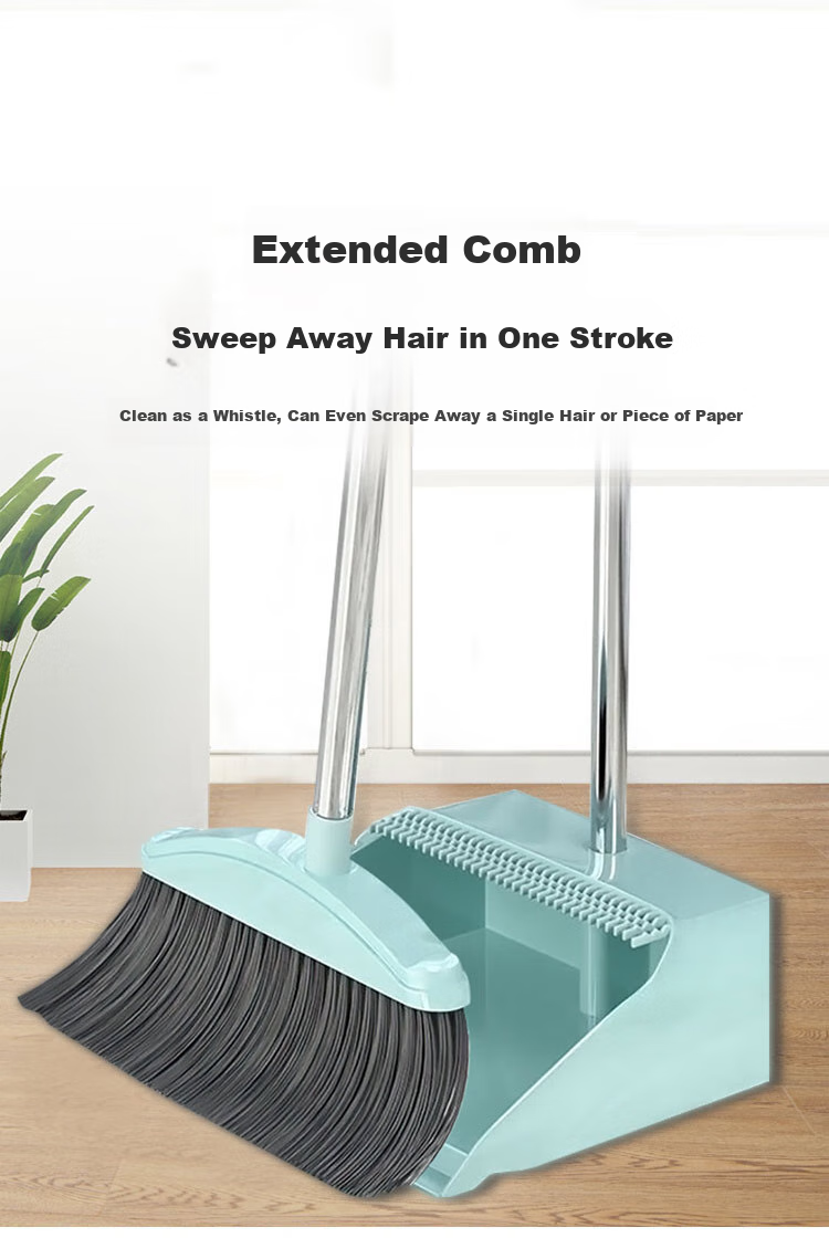 MENGTING Comb-Toothed Windproof Broom And Dustpan Set, Stainless Steel Handle Broom And Dustpan Combo Two-Piece Set, Gree 1