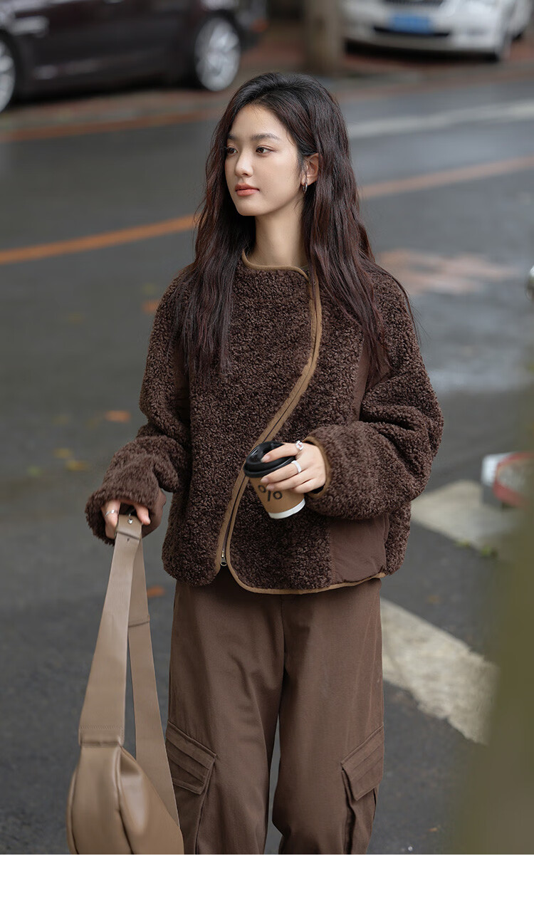 Dme Vintage Plush Jacket Autumn And Winter Style Irregular Arc Zipper Faux Sherpa Coat for Women Coffee Color L 12