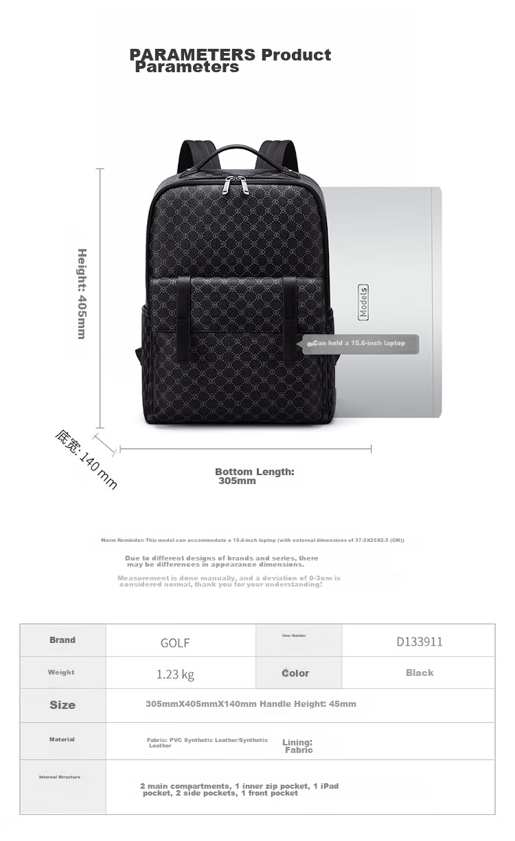 GOLF Backpack, Men's Fashionable Printed Large Capacity Backpack, Water-Resistant Laptop Bag for Men And Women, Student Schoolbag, Trendy Casual Business Travel Backpack, 5I688466J Black 17