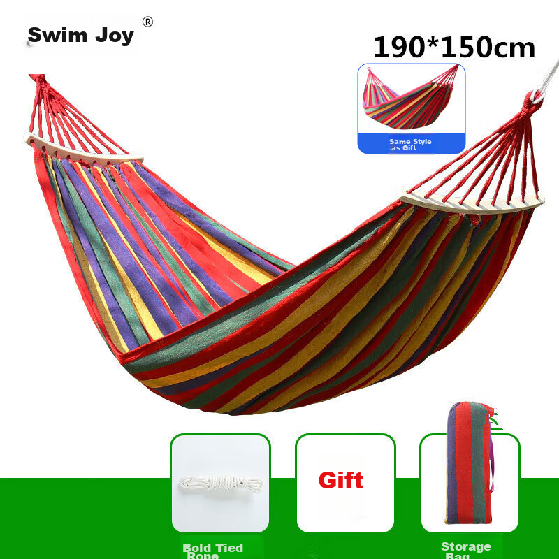 Yonglebao Double-Person Crescent-Shaped Anti-Rollover Hammock, Outdoor Camping Thickened And Widened Canvas Hammock with Curved Wood, Rainbow Color, 2-Piece Set