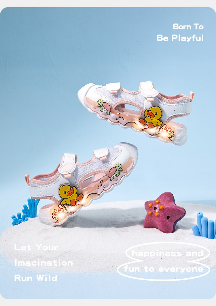 B.Duck Kids Yellow Duck Children's Sandals Summer Boys Girls Closed-Toe Anti-Collision Beach Light-Up Shoes 3907 White Purple Size 25 11