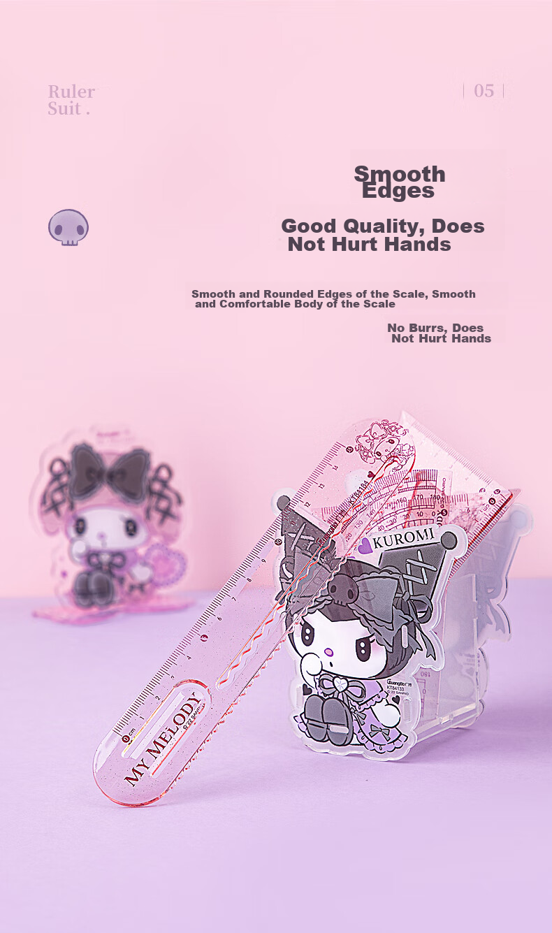 GuangBo Sanrio Collaboration Transparent Triangle Ruler Set, Exam-Specific Student Straight Ruler Drawing Tool, Primary School First Grade Wavy Ruler, Random Color KT84134 7