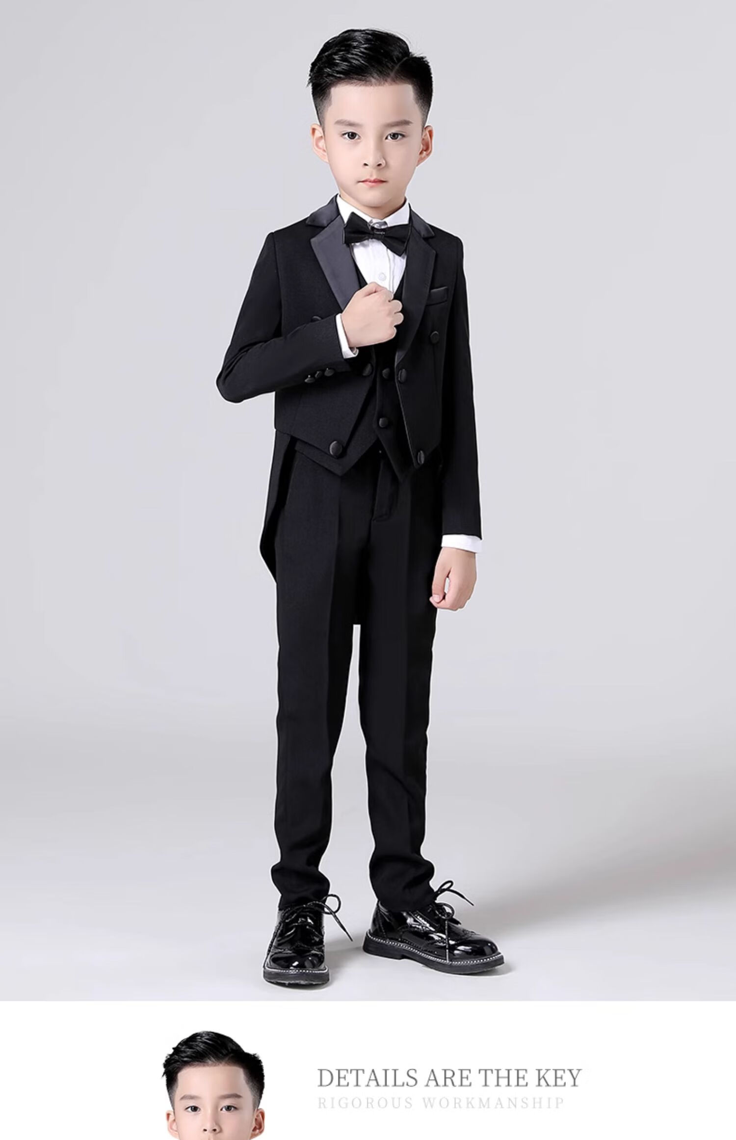 Luomeng Boys' Formal Suit Set, Little Host Piano Performance Outfit, Flower Boy Tailcoat, Black, Size 170 5