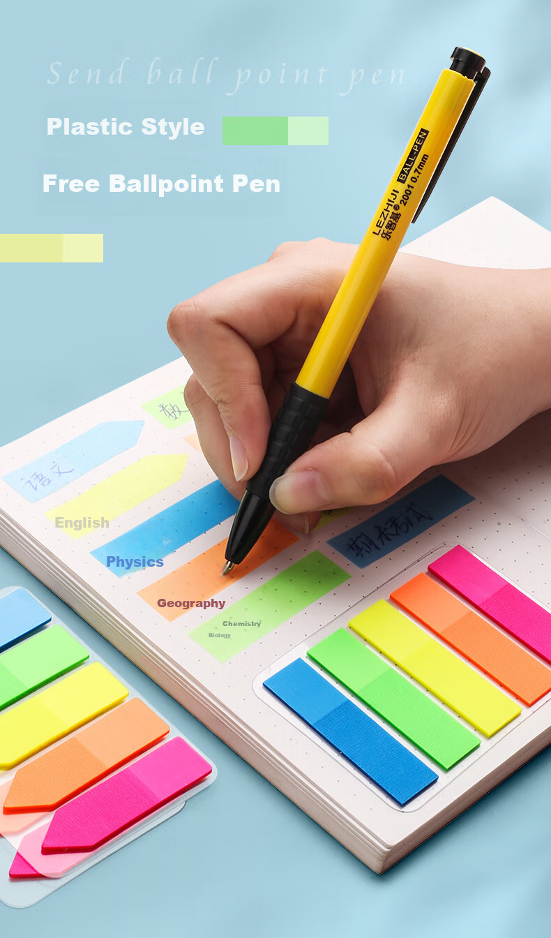 Jinzhi 600 Sheets Arrow-Shaped 5-Color Fluorescent Film Sticky Notes, Memo Pads, Labels, Transparent Waterproof Colored Note Index Strips, Indicator Labels, Bookmarks, 45*12mm 2
